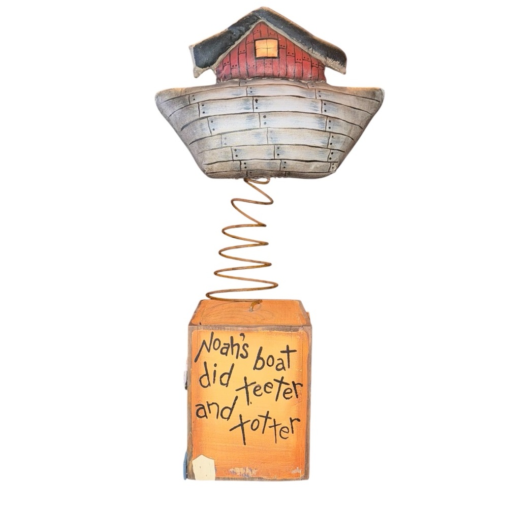 Primitive Noah’s Ark Wooden Block Spring Shelf Sitter Handmade Nursery Child